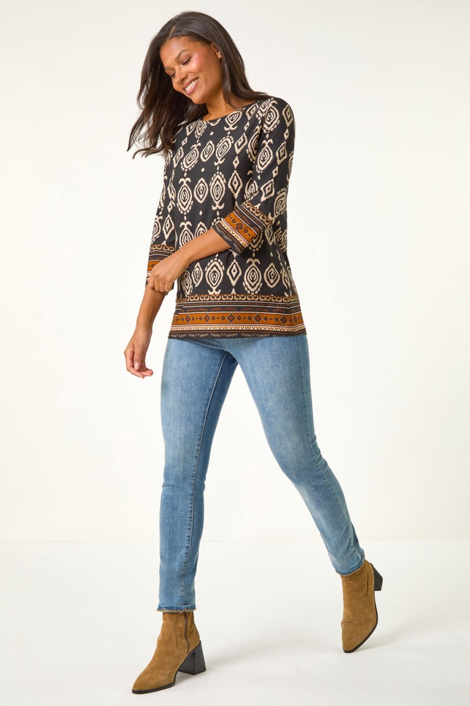 Roman Brown Ikat Border Hem Stretch Top