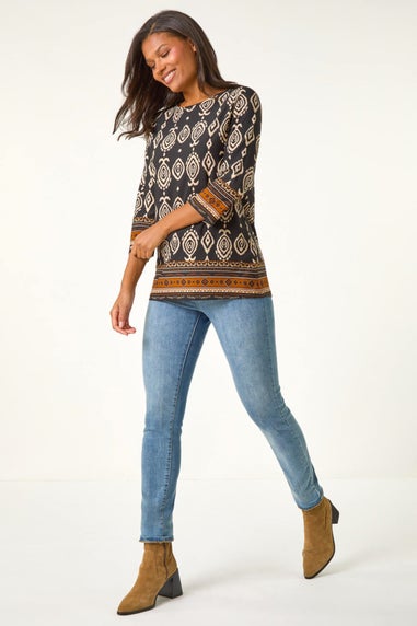 Roman Brown Ikat Border Hem Stretch Top