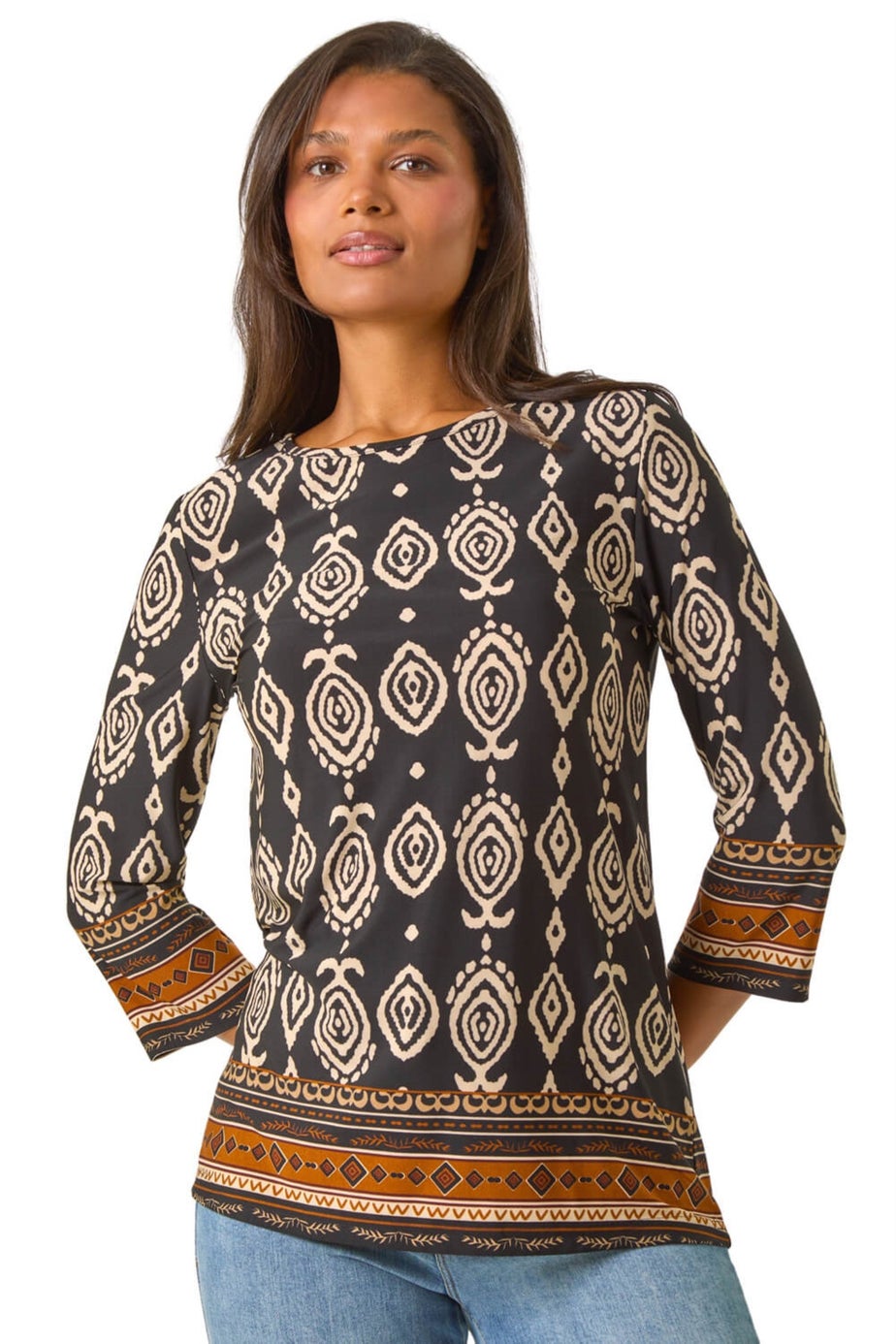 Roman Brown Ikat Border Hem Stretch Top
