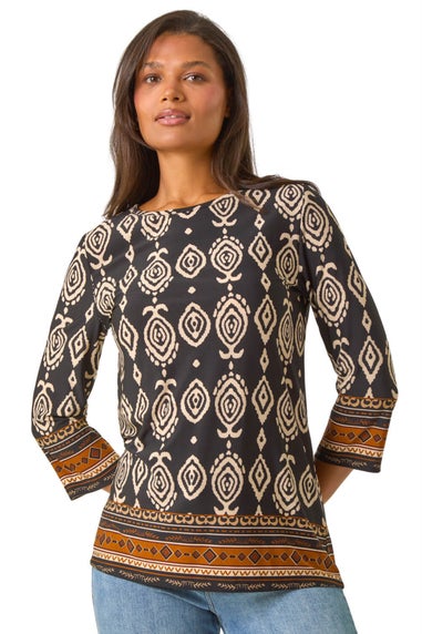 Roman Brown Ikat Border Hem Stretch Top