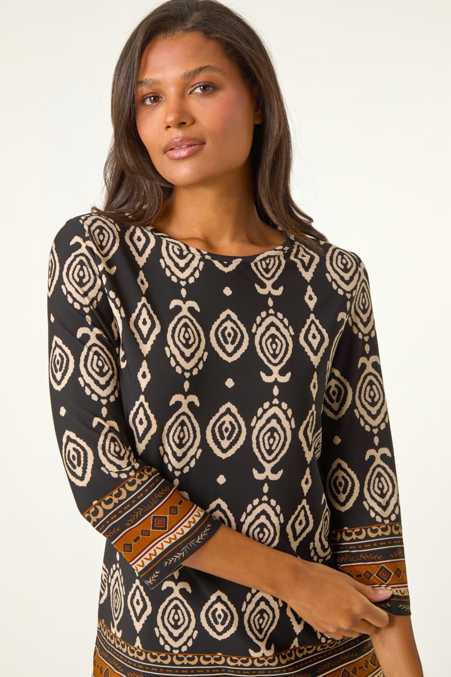 Roman Brown Ikat Border Hem Stretch Top