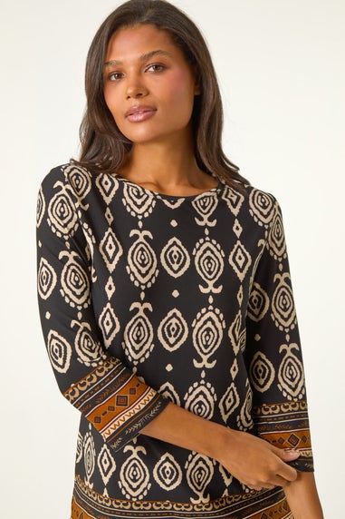 Roman Brown Ikat Border Hem Stretch Top