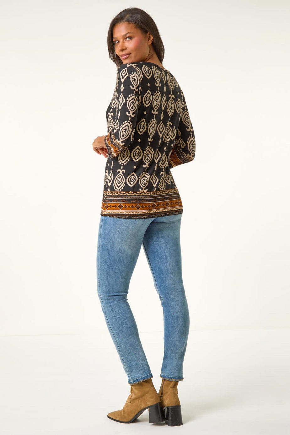 Roman Brown Ikat Border Hem Stretch Top