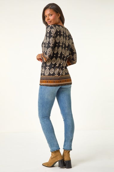 Roman Brown Ikat Border Hem Stretch Top