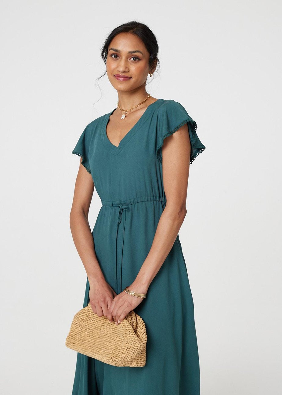 Izabel London Green Angel Sleeve Drawstring Waist Midi Dress