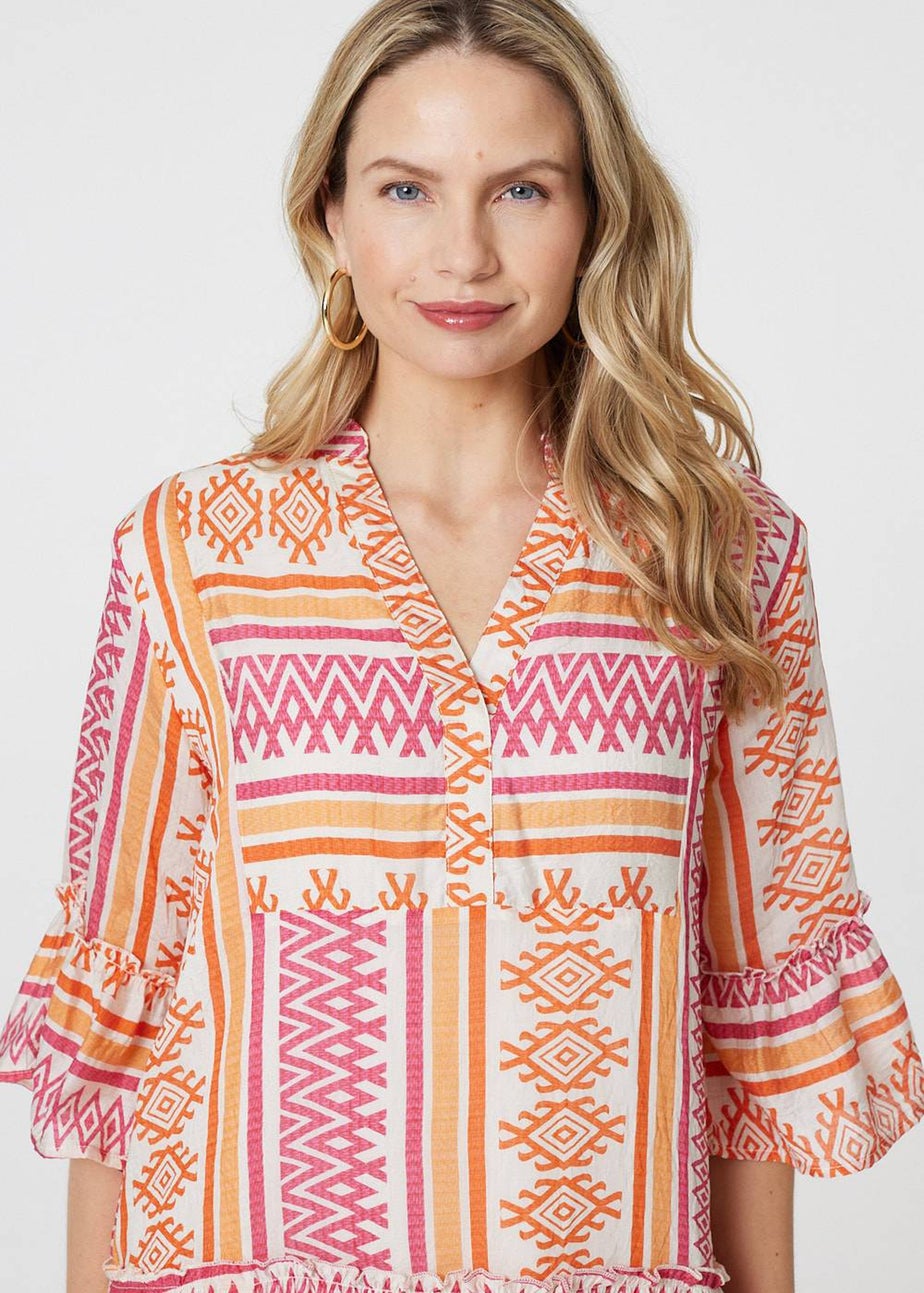 Izabel London Pink Aztec Print V-Neck Short Dress