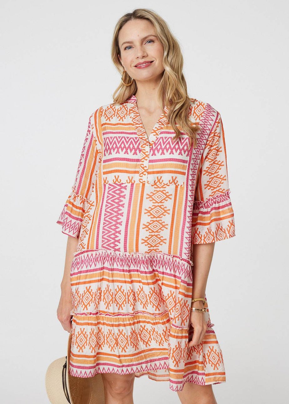 Izabel London Pink Aztec Print V-Neck Short Dress