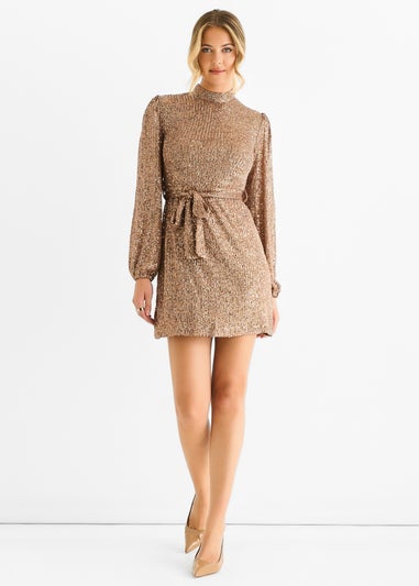 Gini London Gold High Neck Long Sleeves Belted Sequin Dress