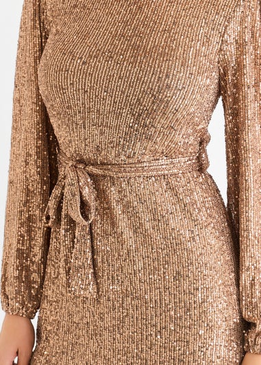 Gini London Gold High Neck Long Sleeves Belted Sequin Dress