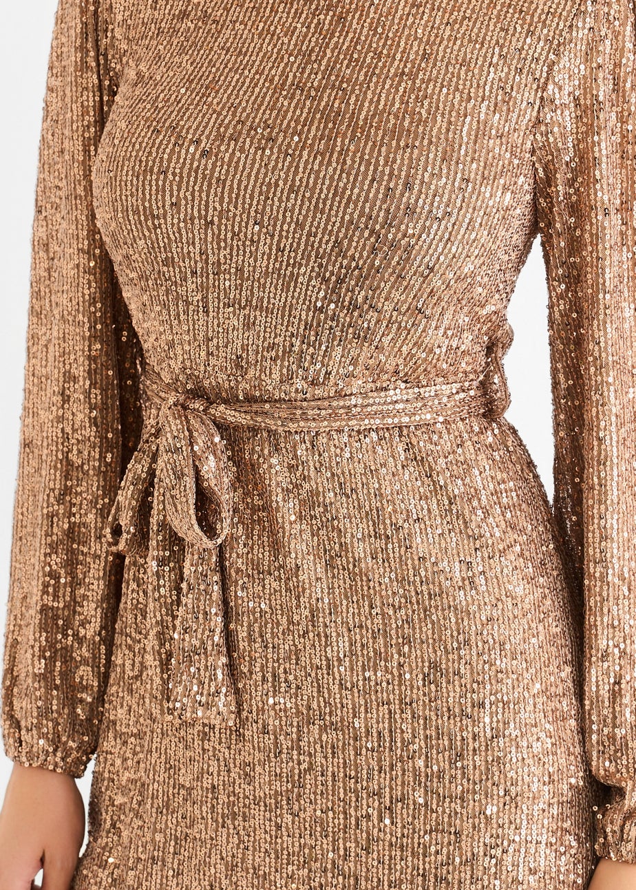 Gini London Gold High Neck Long Sleeves Belted Sequin Dress