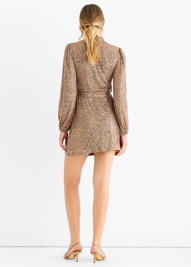 Gini London Gold High Neck Long Sleeves Belted Sequin Dress
