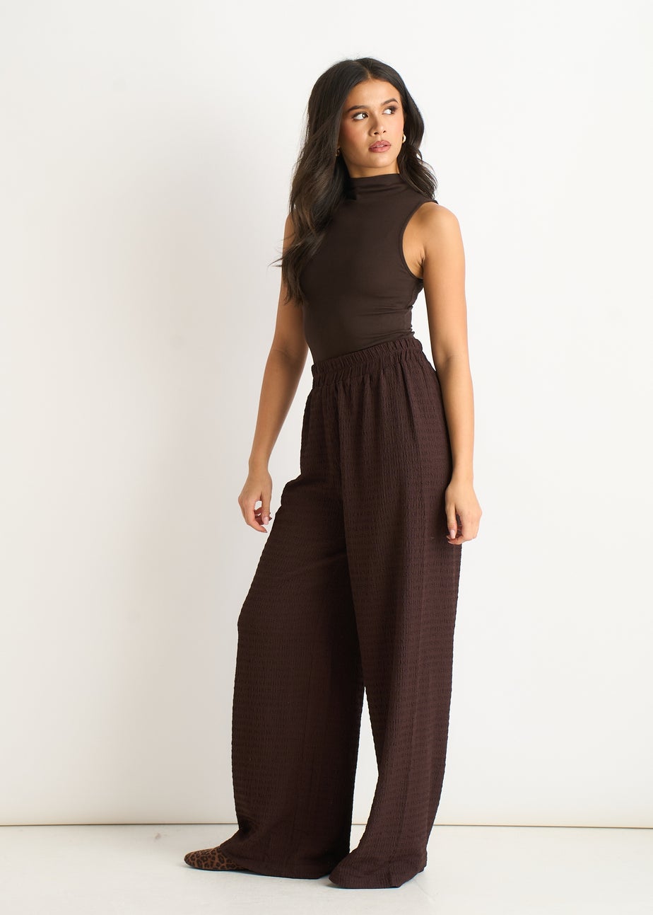 Gini London Chocolate Textured Elastic Waist Pull On Trousers