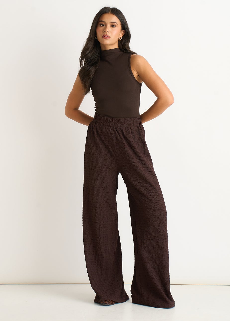 Gini London Chocolate Textured Elastic Waist Pull On Trousers
