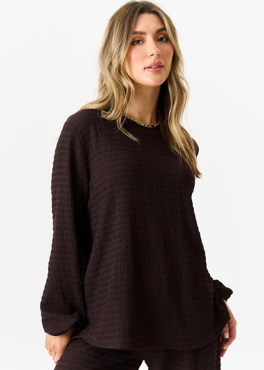 Gini London Chocolate Textured Long Sleeves Oversized Top