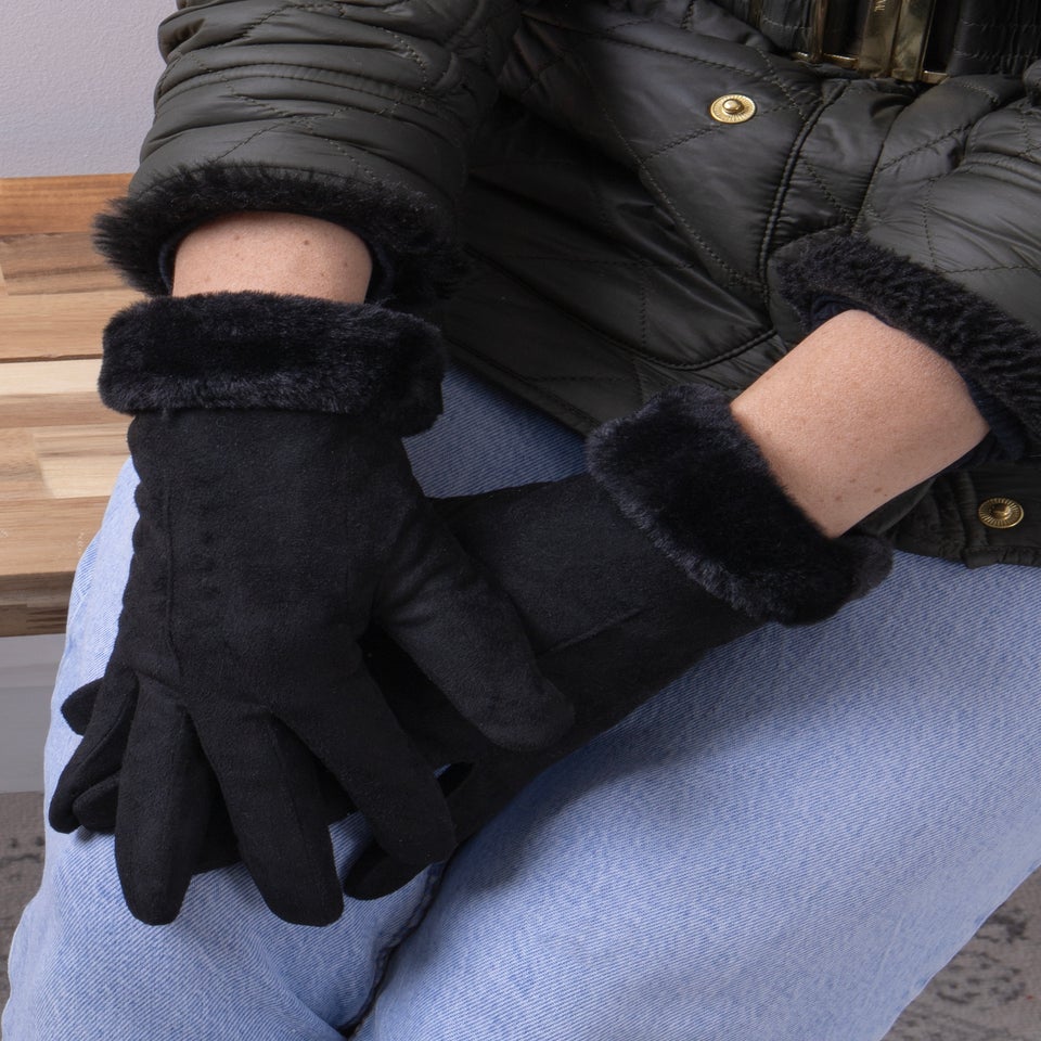 Totes Isotoner Black One Point Faux Suede Glove with Faux Fur Cuff Detail