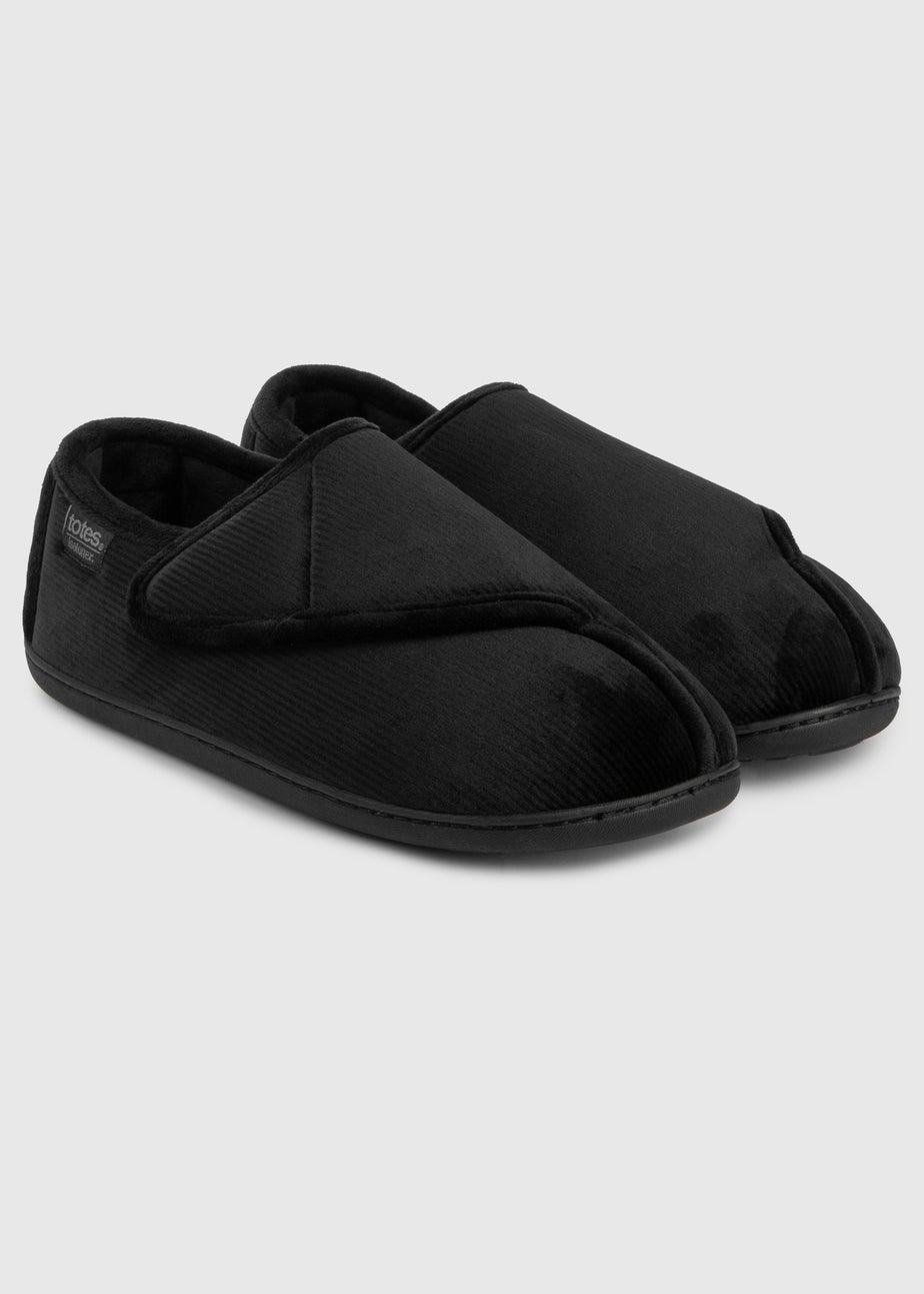 Totes Isotoner Black Velour Closed Back Slipper With Velcro Opening