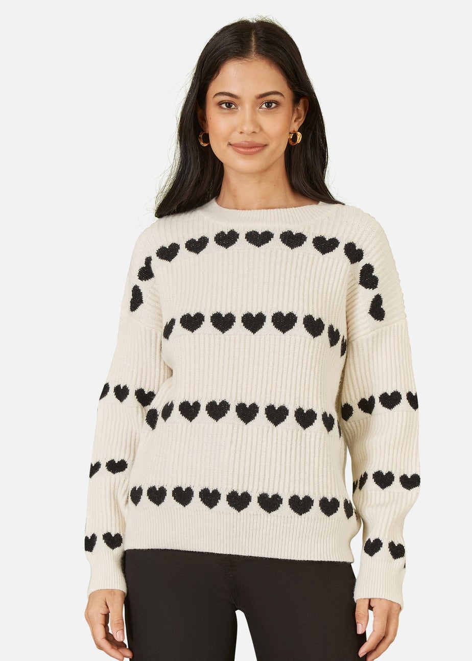 Yumi Ivory Knitted Jumper With Heart Stripes