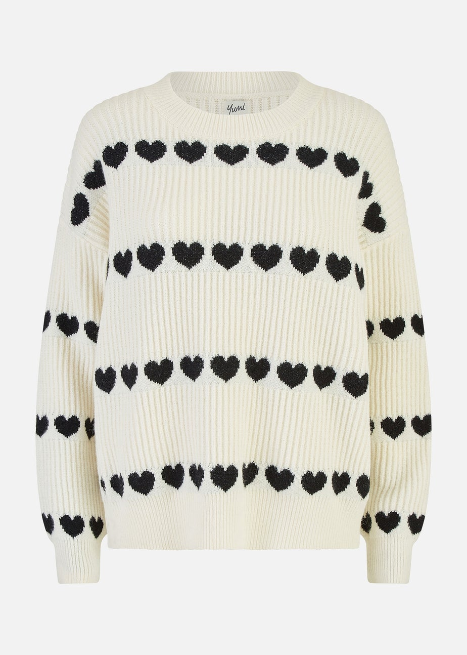 Yumi Ivory Knitted Jumper With Heart Stripes