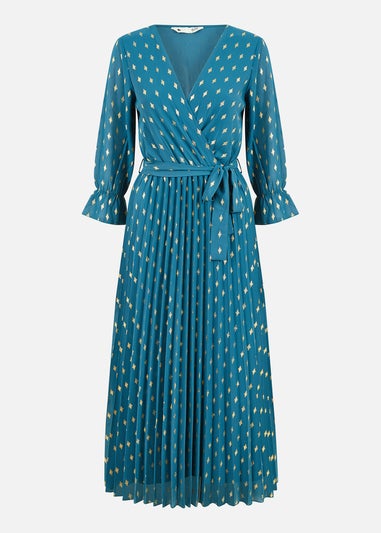 Yumi Teal Foil Printed Pleated Wrap Midi Dress