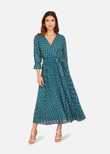 Yumi Teal Foil Printed Pleated Wrap Midi Dress