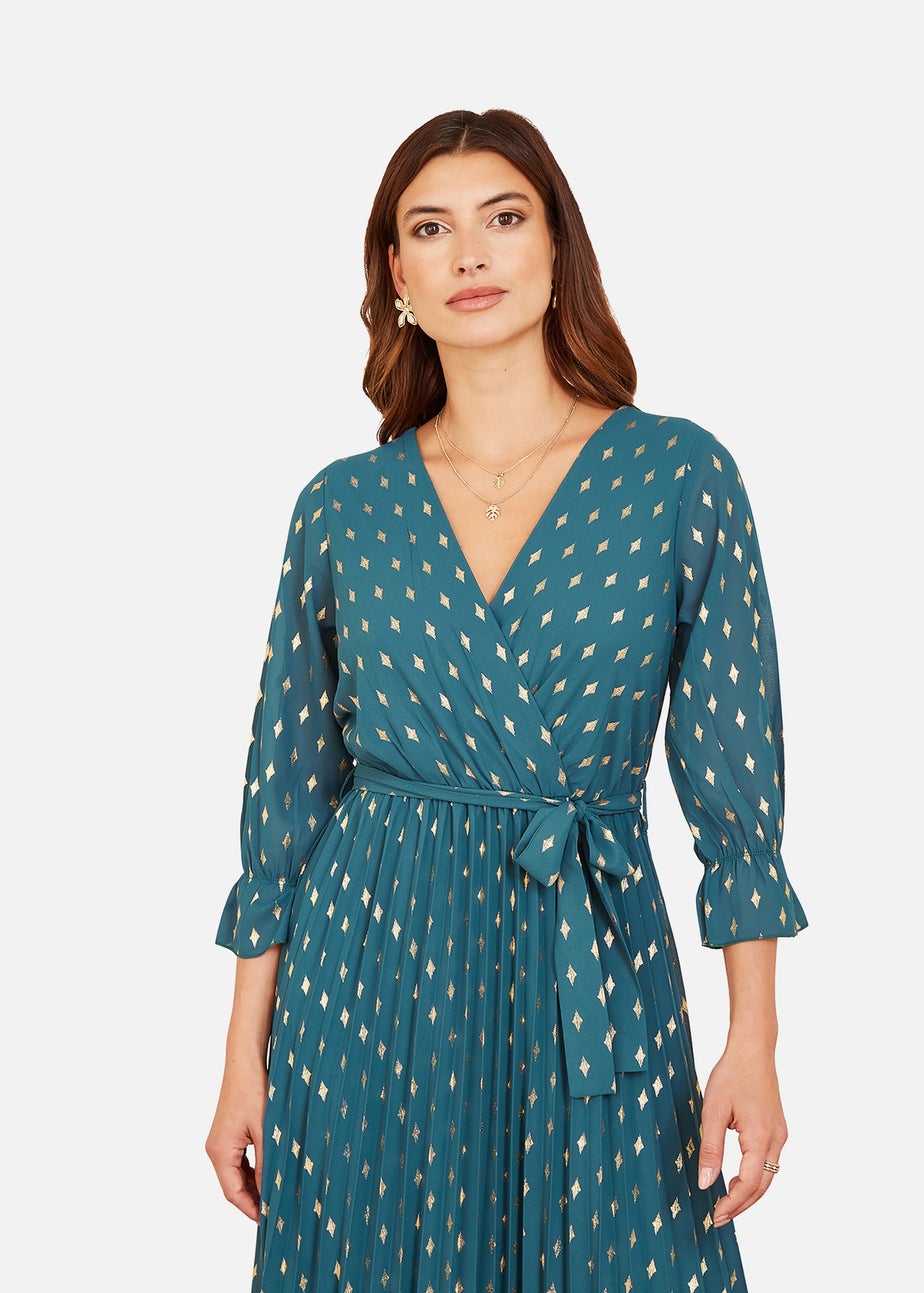 Yumi Teal Foil Printed Pleated Wrap Midi Dress