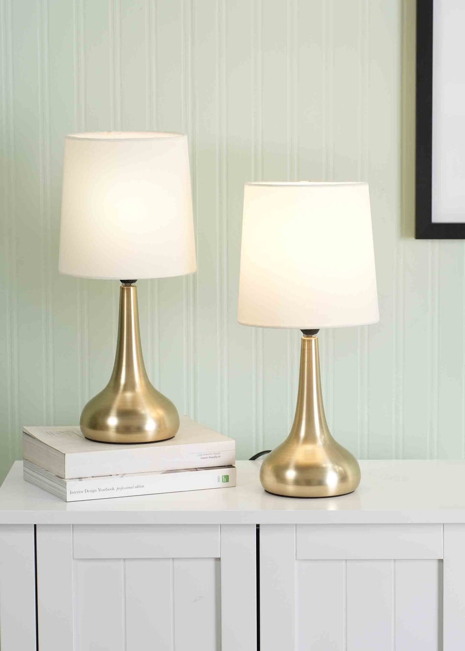 ValueLights Pair of Dimmable Gold Table Lamp with Cream Drum Shade