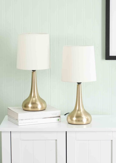 ValueLights Pair of Dimmable Gold Table Lamp with Cream Drum Shade