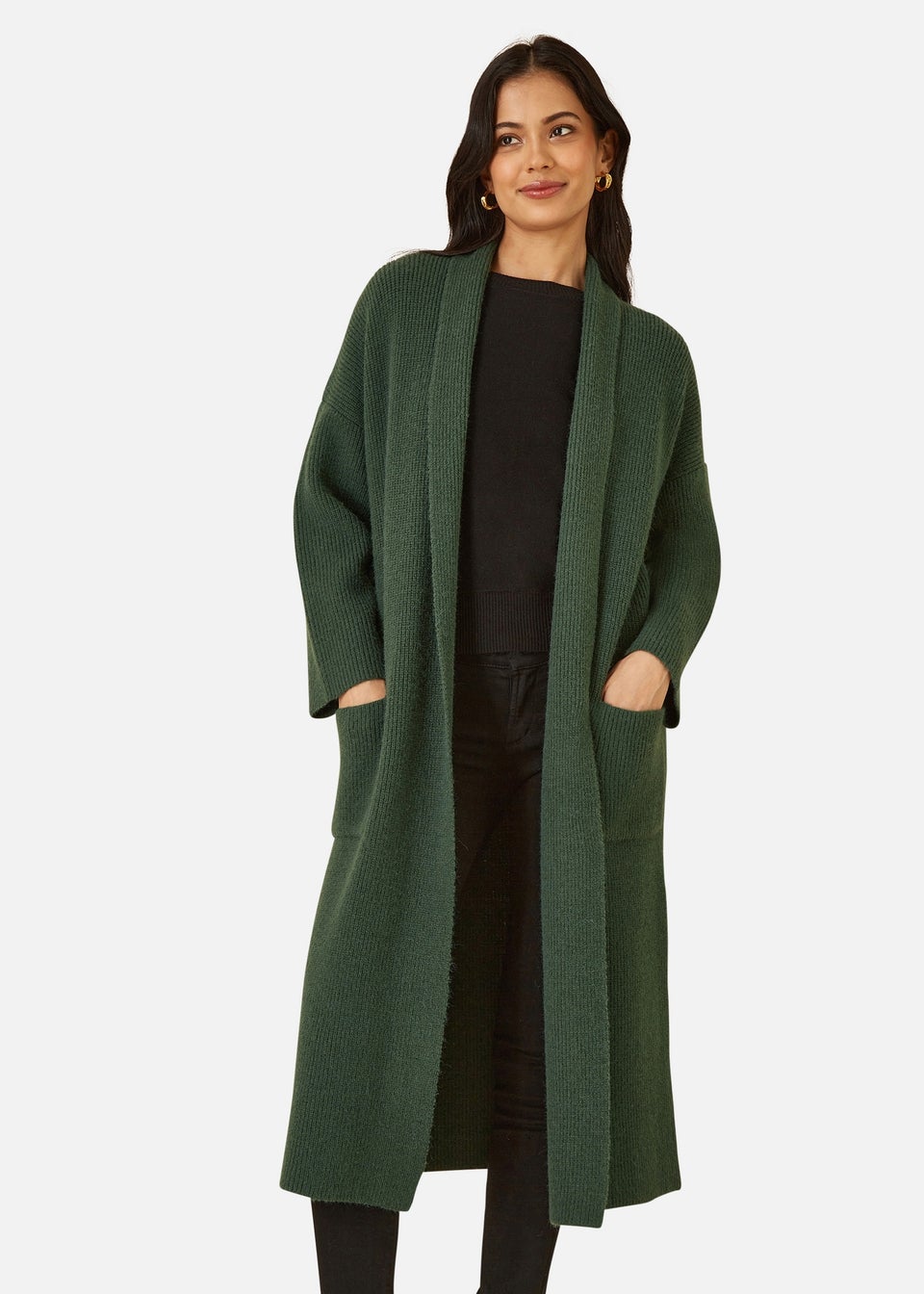 Yumi Green Knitted Maxi Cardigan With Pockets