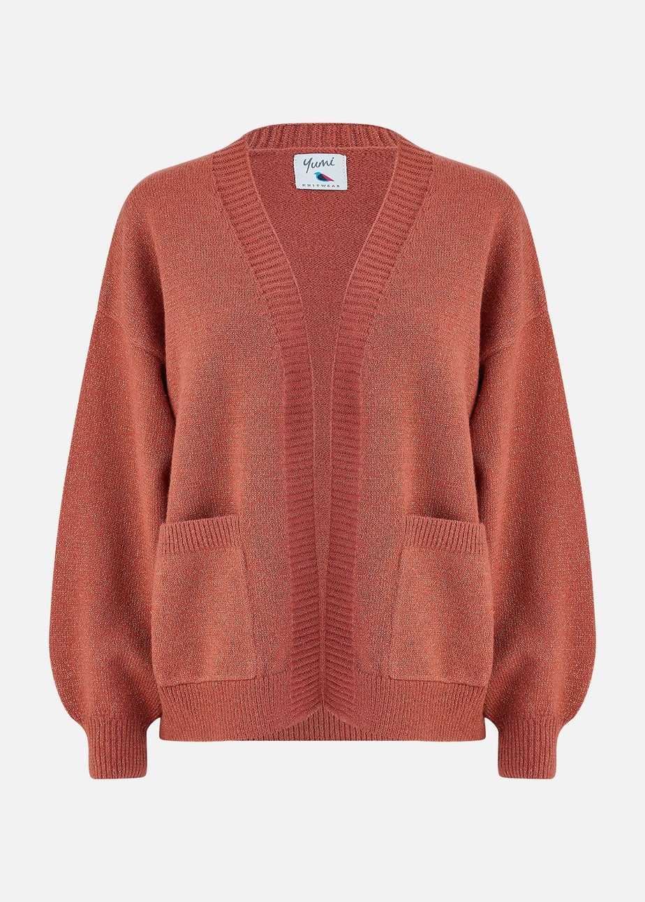 Yumi Rust Metallic Relaxed Slouchy Cardigan With Pockets