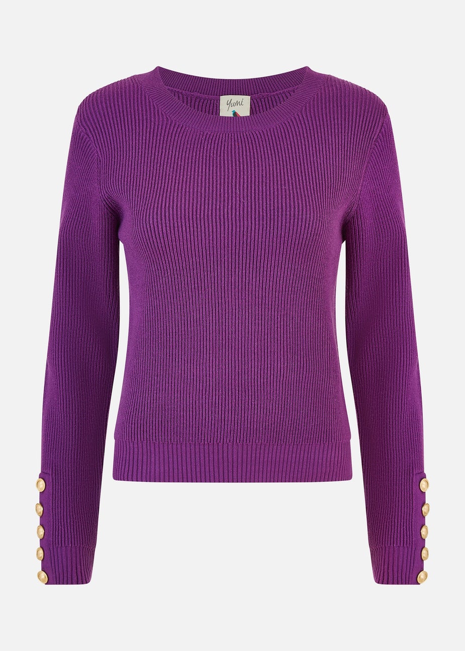 Yumi Purple Rib Knitted Jumper With Sleeve Button Detail