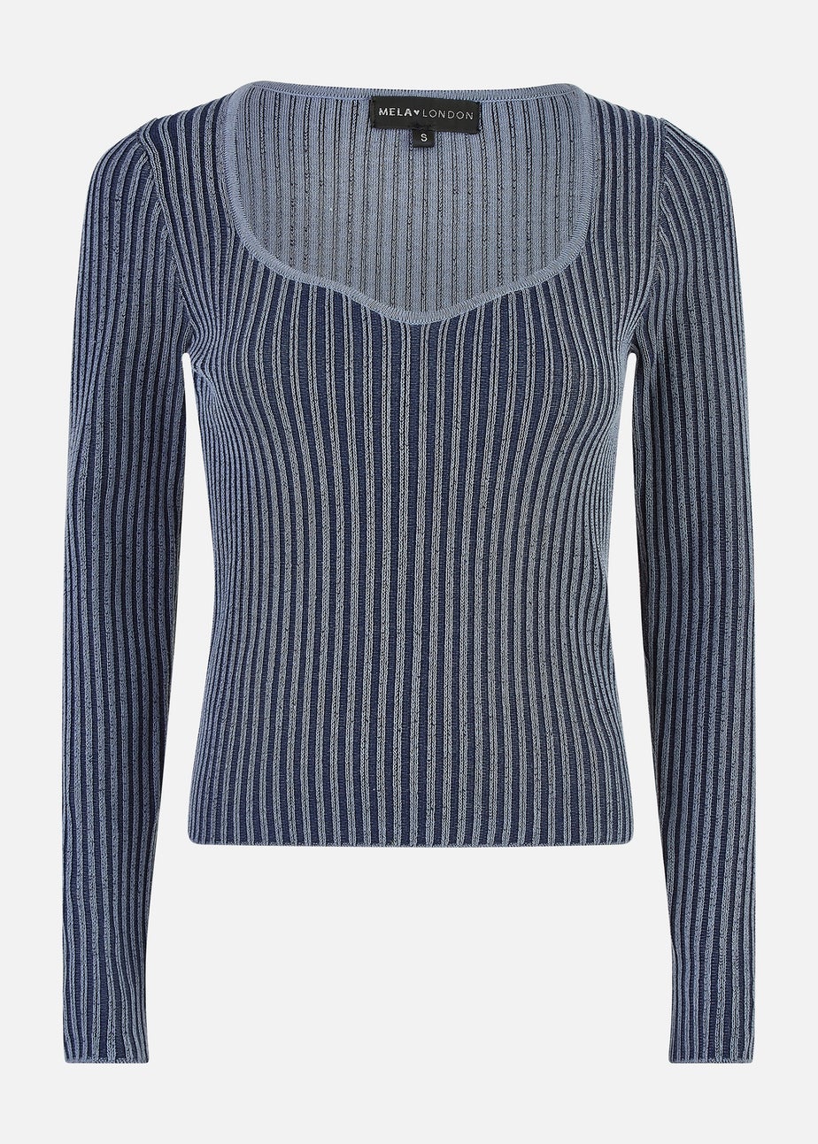 Yumi Blue Knitted Rib Fitted Jumper