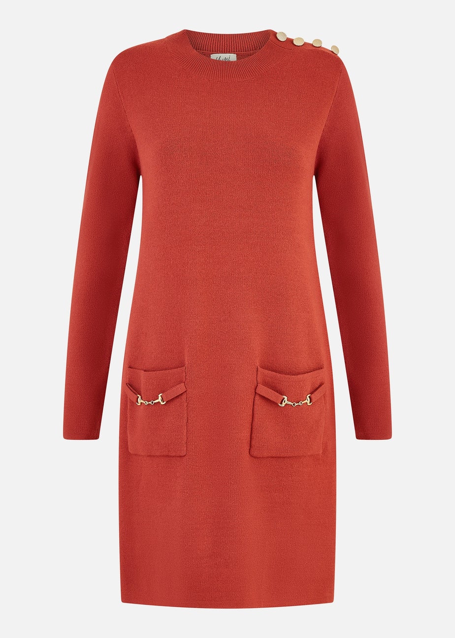 Yumi Burnt Orange Knitted Tunic Dress With Gold Hardware Details