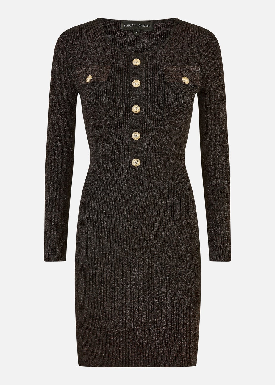 Yumi Black Metallic Military Fitted Knitted Dress