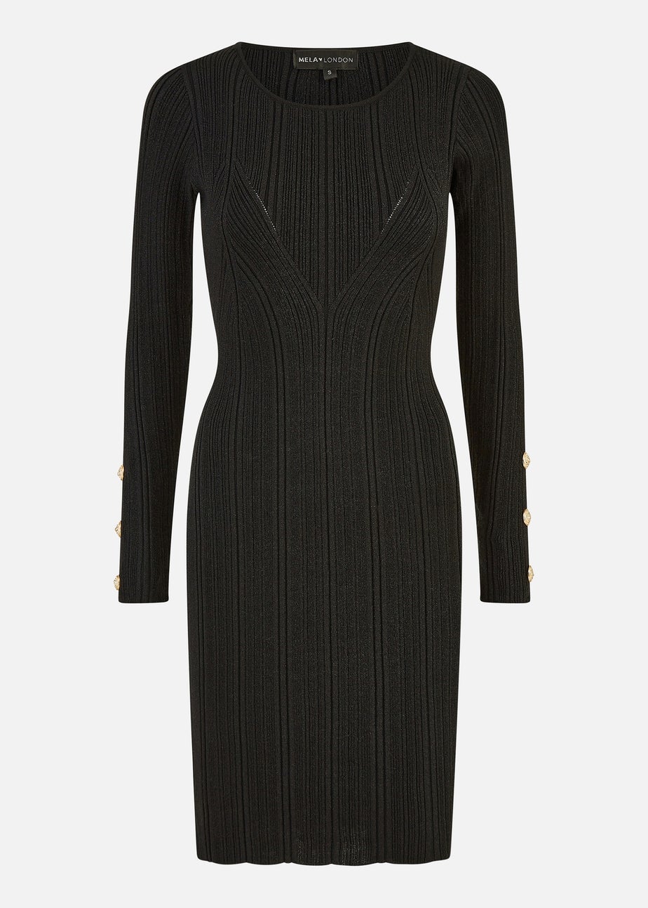 Yumi Black Shimmer Fitted Midi Dress With Button