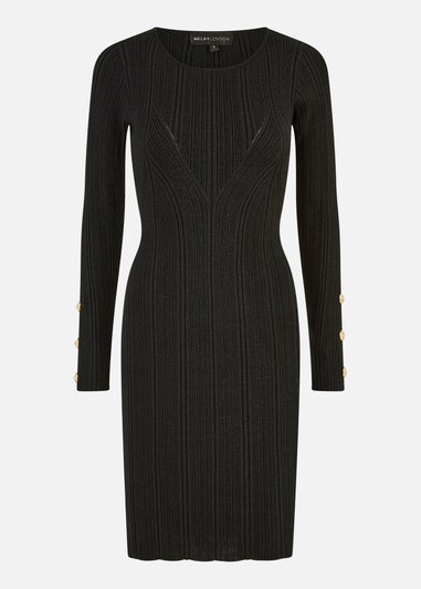 Yumi Black Shimmer Fitted Midi Dress With Button