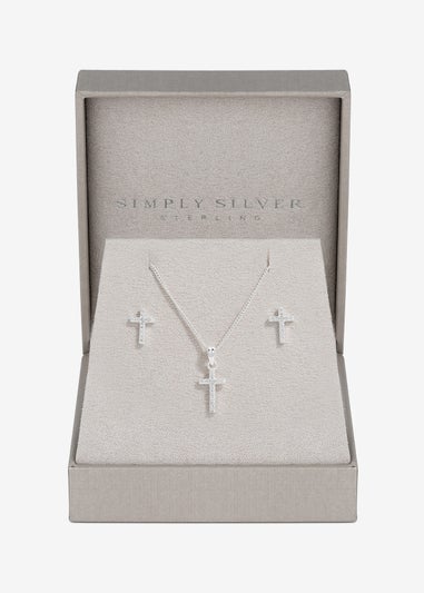 Simply Silver Sterling Silver 925 Cubic Zirconia Cross Set - Gift Boxed