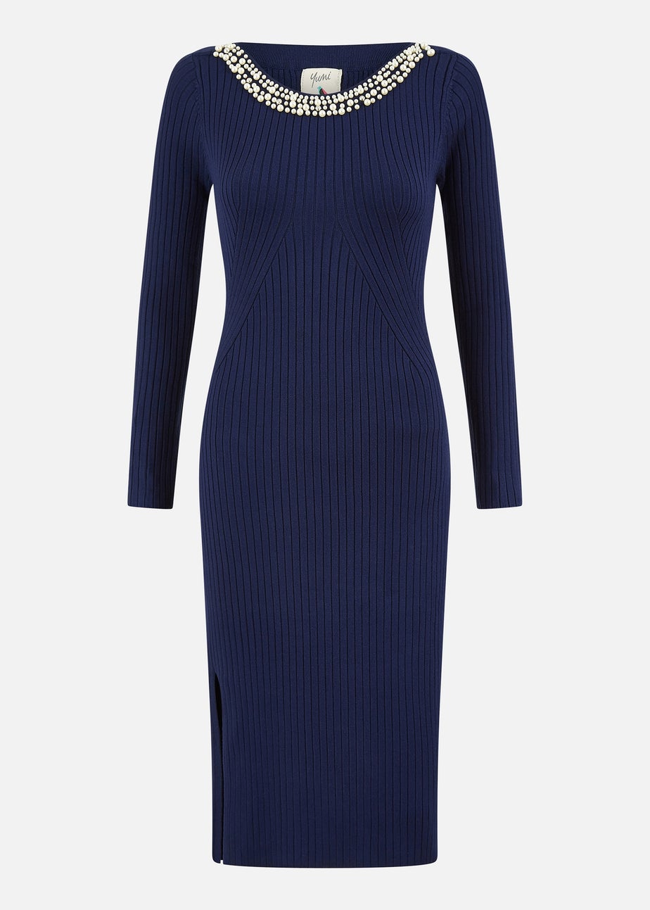 Yumi Navy Pearl Neckline Fitted Midi Knitted Dress