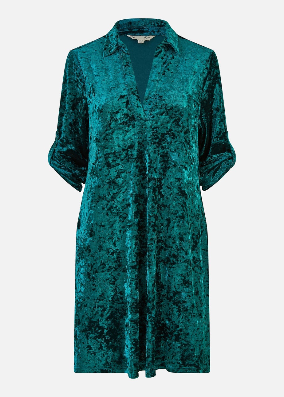 Yumi Green Velvet Tunic Dress With 3/4 Sleeves
