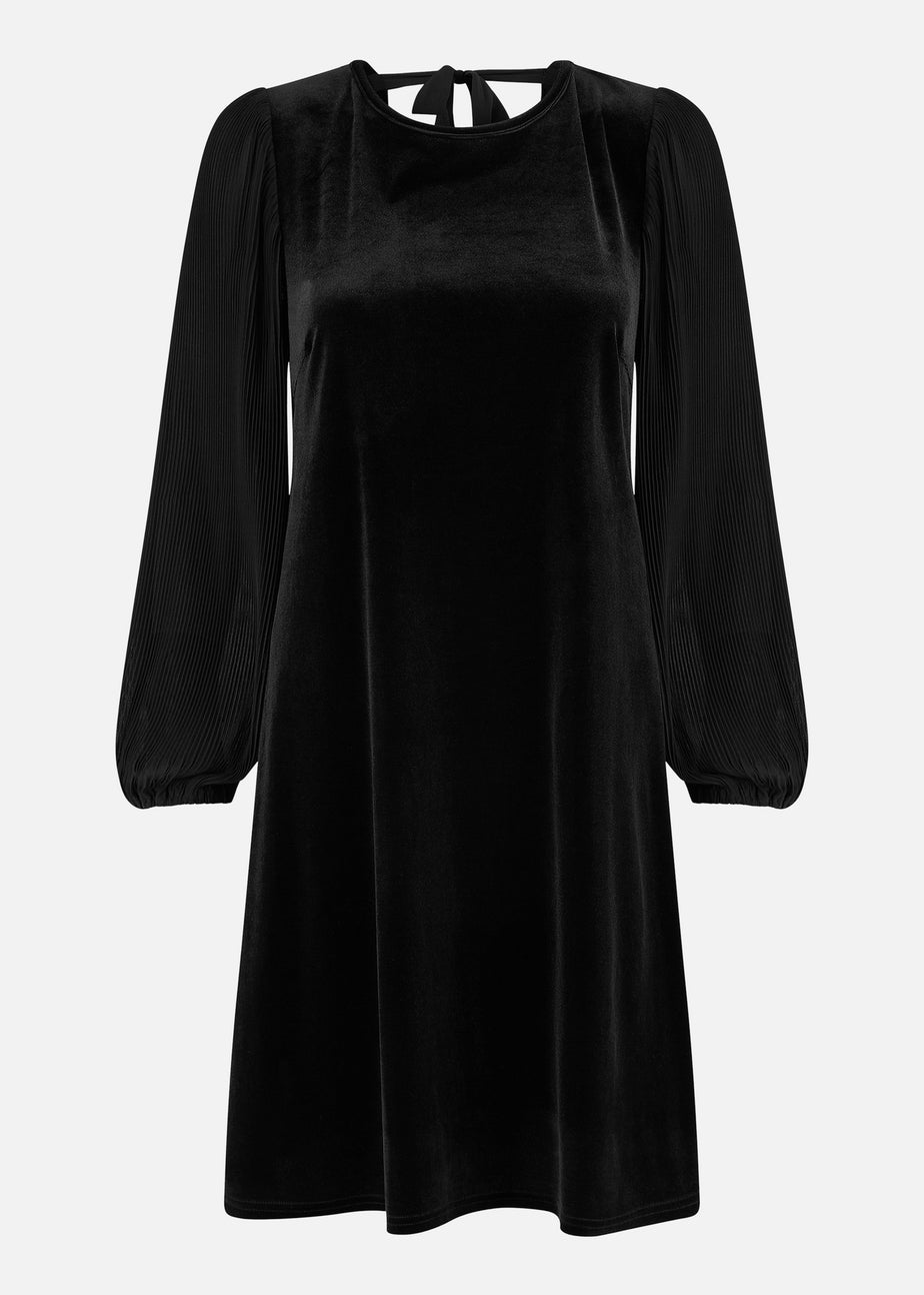 Yumi Black Velvet Tunic Dress with Pleated Balloon Sleeves And Tie Back