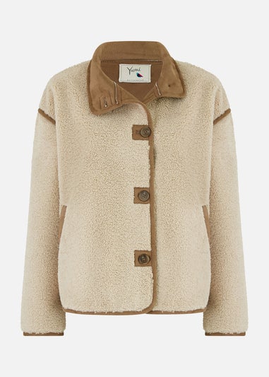 Yumi Cream Borg High Neck Jacket With Faux Leather Trims