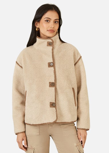 Yumi Cream Borg High Neck Jacket With Faux Leather Trims