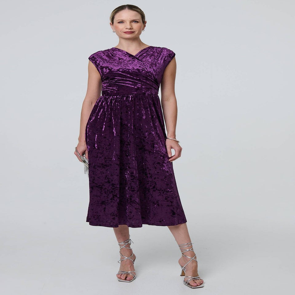 Izabel London Purple Crushed Velvet Fit & Flare Midi Dress