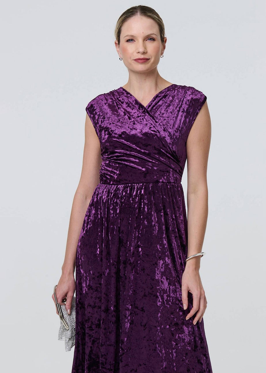 Izabel London Purple Crushed Velvet Fit & Flare Midi Dress