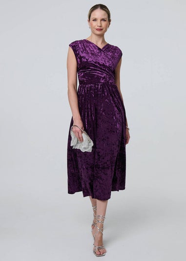 Izabel London Purple Crushed Velvet Fit & Flare Midi Dress