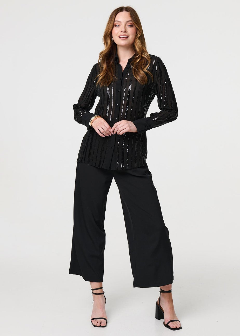 Izabel London Black Sequin Striped Sheer Long Sleeve Shirt