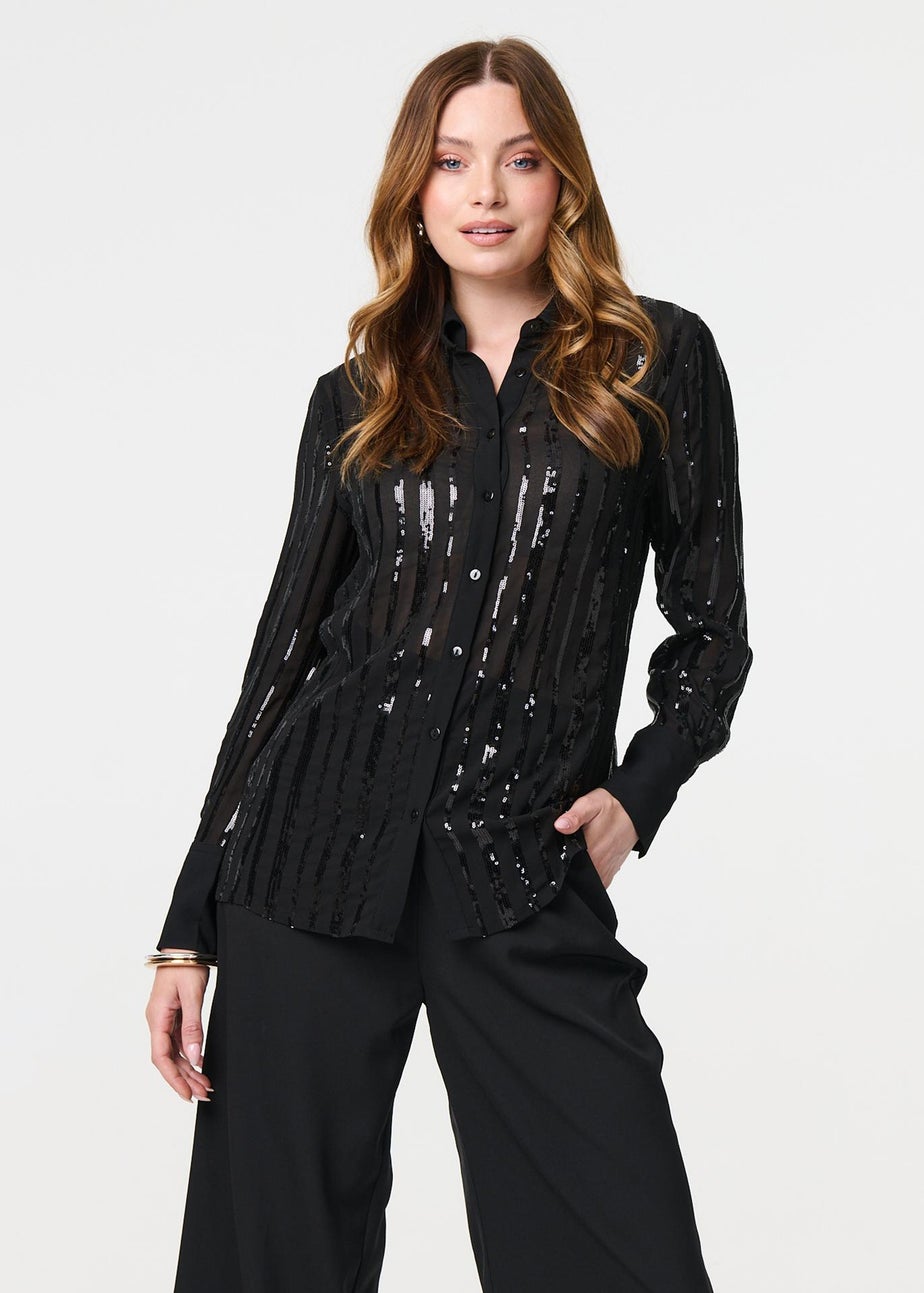 Izabel London Black Sequin Striped Sheer Long Sleeve Shirt