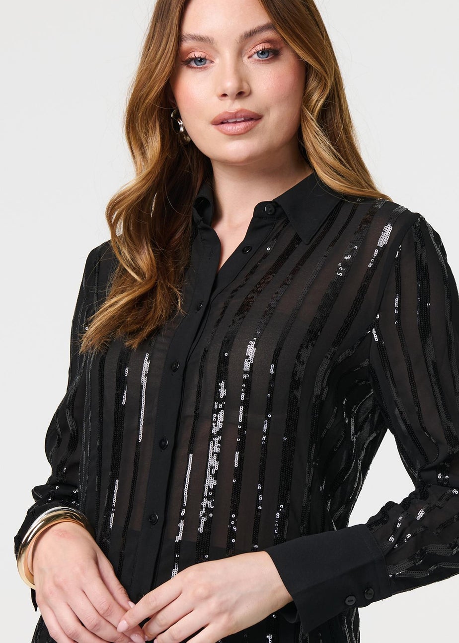 Izabel London Black Sequin Striped Sheer Long Sleeve Shirt