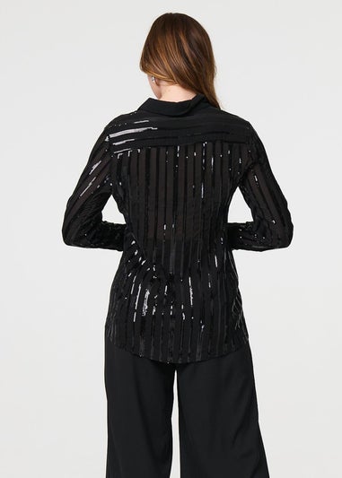 Izabel London Black Sequin Striped Sheer Long Sleeve Shirt