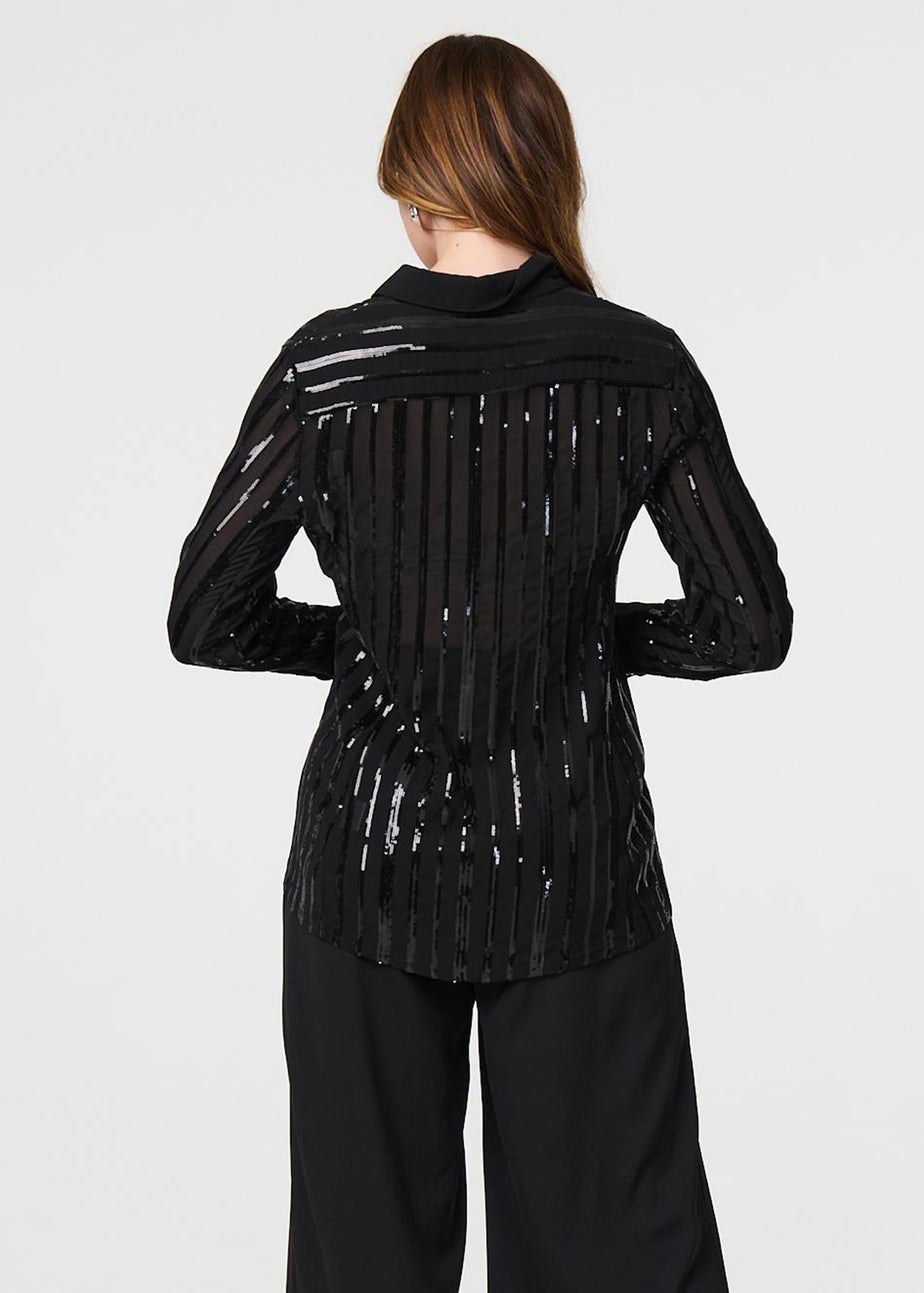 Izabel London Black Sequin Striped Sheer Long Sleeve Shirt