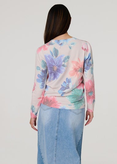 Izabel London Beige Floral Diamante Detail Long Sleeve Jumper